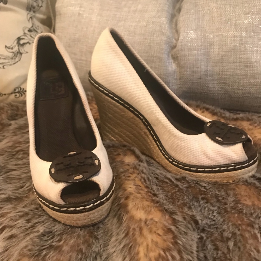 Tory Burch Peep Toe Canvas Wedges
